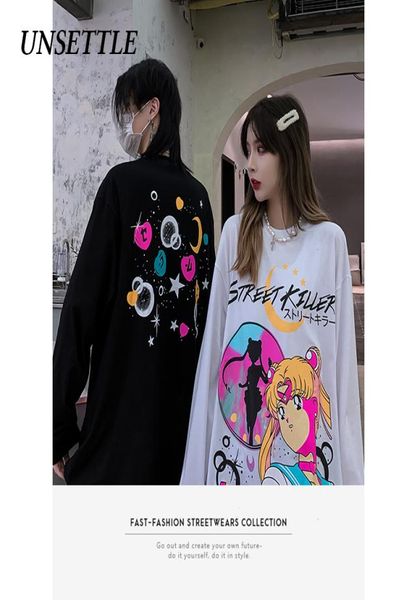 Outono oversized t camisa feminina harajuku gráfico marinheiro lua impressão masculina manga longa hip hop streetwear camisetas de algodão topos 2012035971586