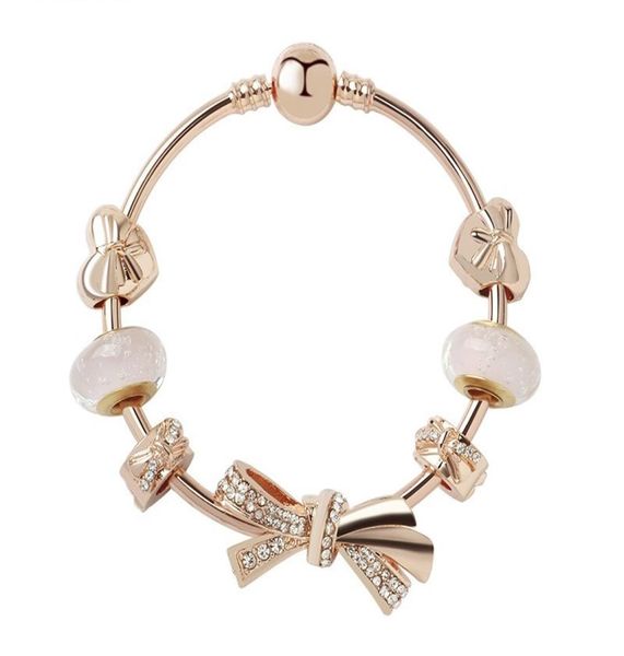 Mode-Stil Charm-Armband für Damen, Roségold, Schleife, europäischer Charm, Perlen, Schneeflocke, baumelnd, passend für Charm-Armbänder, Halskette, DIY-Schmuck7758165