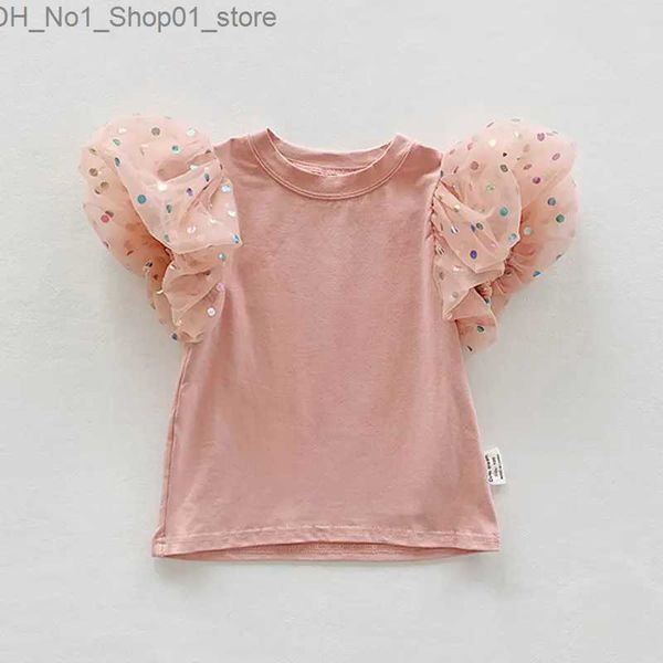 T-Shirts Mädchen T-Shirt Korean Polka Dot Bubble Sleeve Mesh Tops für Kinder 2023 Sommer Kinder Bluse Baumwolle Baby T-Shirts Kleinkind Outfits Q240218