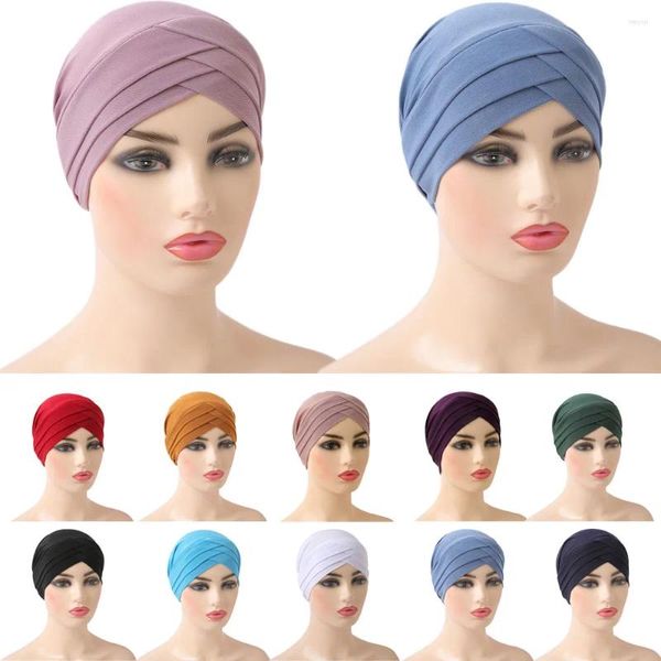 Roupas étnicas Cross Turban Mulheres Muçulmanas Hijab Cap Interno Chemo Stretch Head Scarf Islâmico Beanie Bonnet Cor Sólida Capas de Perda de Cabelo