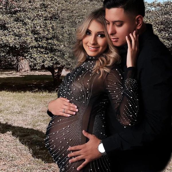 Pérola strass vestido de fotografia para grávidas elástico tule cristal magro sessão de fotos vestidos de borla manga cheia