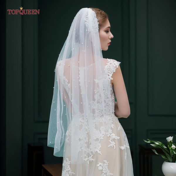 TOPQUEEN V05 Perlen-Hochzeitsschleier mit Kamm, 100 % handgefertigt, Perlen-Hochzeitszubehör, Kathedralen-Hochzeitsschleier, luxuriös, elegant, 240123