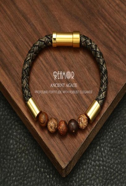 REAMOR 2019 Homens Pulseiras De Couro Trançado Preto Pedra Natural Pulseira de Ouro 316L aço Inoxidável Fecho Incorporado Pulseira Jóias CX29304255