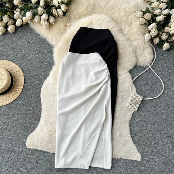 Röcke Frauen Vintage Asymmetrische Plissee Split Voller Rock Hohe Taille Elegante Koreanische Mode Wrap Süße Sommer Kleidung