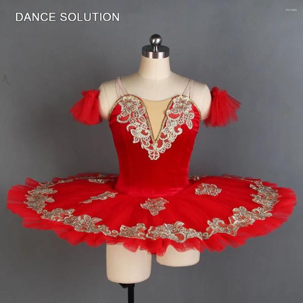 Palco desgaste vermelho veludo corpete ballet panqueca tutu com apliques de ouro traje de desempenho profissional para mulheres e meninas bll097