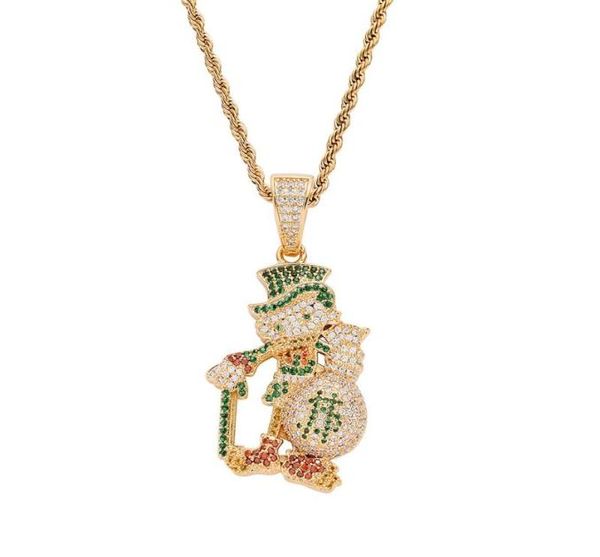 Hip Hop Green CZ Stone Bling Out Mano Dollari Borsa Cartoon Pendenti Collane per uomo Rapper Gioielli Ciondolo colore oro argento3869770