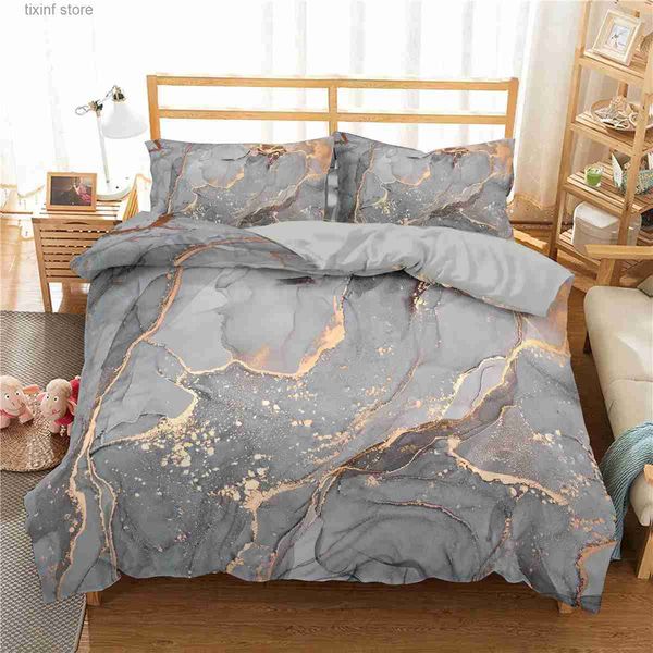 Conjuntos de cama Conjunto de cama de mármore King / Queen SizeGrey Gold Marble Duvet Cover Homens Adultos Modern Abstract Art Tie Dye Gótico Soft Quilt Cover T240218