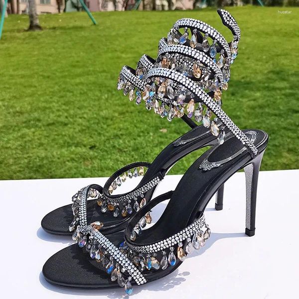 Sandalet stiletto topuk kristal düğün yüksek resmi parti ayakkabı ayak bileği strappy tasarımcı gece elbise kadın