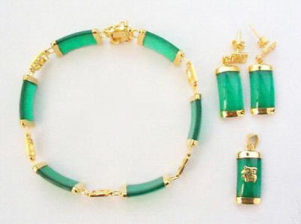 Зеленый нефрит, желтое золото, кулон «Фортуна», ожерелье, браслет, серьги, комплект70995901254862