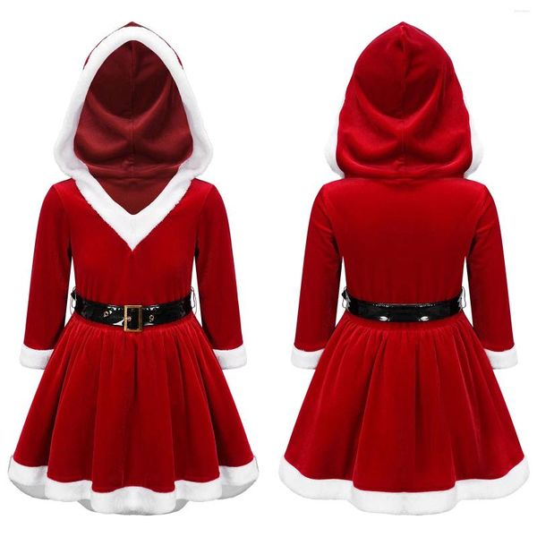 Mädchen Kleider Kinder Mädchen Weihnachten Weihnachtsmann Cosplay Kostüm Weihnachten Halloween Karneval Thema Party Langarm Samt Kapuzenkleid mit Gürtel