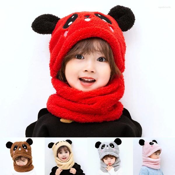 Береты, коллекция 2024 года, детские шапки, зимние защитные наушники для мальчиков и девочек, интегрированный шарф, милый детский плюшевый теплый теплый мультяшный узор для родителей и детей