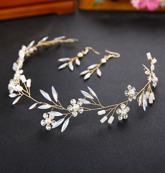 Conjunto de faixa de cabeça e brincos de pérola de cristal opala para noiva, joias de casamento, coroas de noiva e tiaras ML928 MX6102946