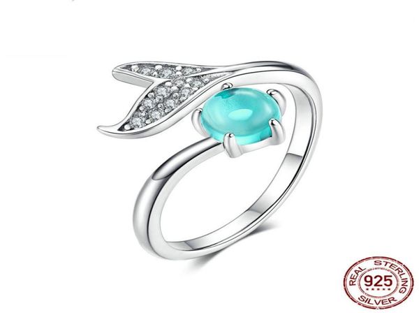 Sirena in argento sterling 925 con pietre blu di vetro dell'oceano, anelli a coda di pesce a strappo per le donne, gioielli con anello aperto da donna5330902