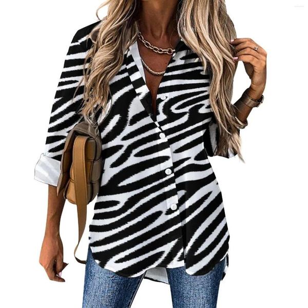 Damenblusen, schwarze Zebrastreifen, lässige Bluse, modernes, tierisches, glänzendes, ästhetisches Design, Damen-Langarm-Streetwear-Hemden, Übergröße