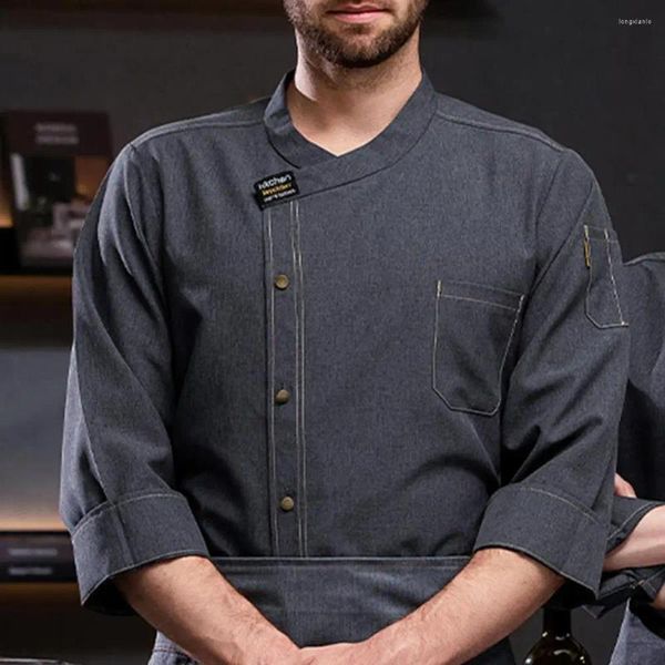 Fatos masculinos unissex chef camisa de manga longa jaqueta gola top single-breasted bolso cozinha cozinheiro padaria restaurante uniforme de garçom