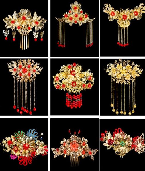 Китайский свадебный головной убор ручной работы, Корона невесты, позолоченный головной убор XiuHe, костюм, расчески для волос, аксессуары7220035