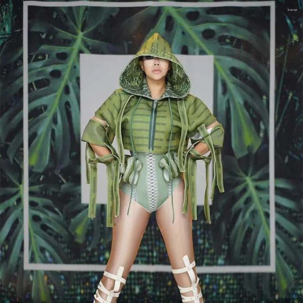 Abbigliamento da palco Giacca body in spandex Abito da discoteca Donna Cantante Danza Prom Body Set Costume uniforme militare verde sexy