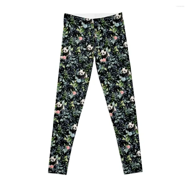 Pantaloni attivi Modello panda floreale con rose rosa e blu Leggings Abbigliamento Fitness per palestra Legging Push Up da donna