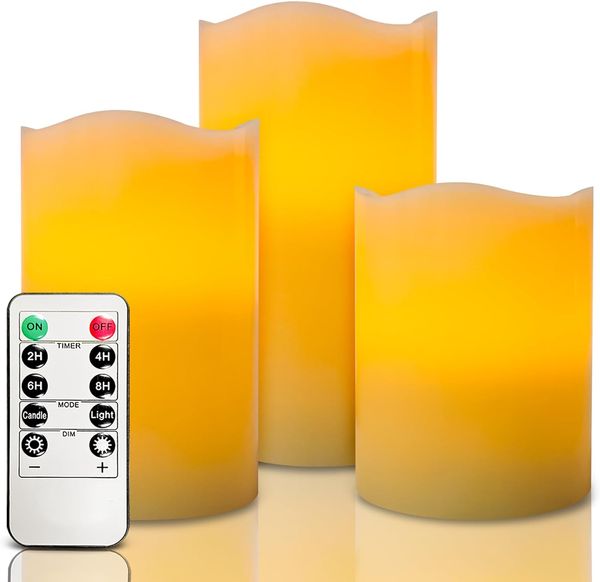 Conjunto de velas led a pilhas sem chama, conjunto de 3 velas elétricas cintilantes de cera real marfim com controle remoto e função de temporizador