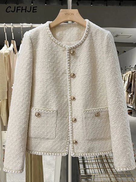 CJFHJE Elegante Frühling Herbst Rundhals Wollmäntel Frauen Koreanische Mode Büro Dame Beige Chic Taste Kurze Tweed Jacke 240124