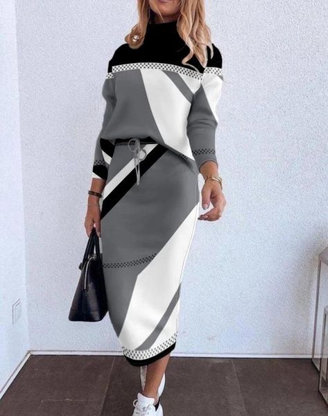 Abiti da lavoro Set da due pezzi Completo da donna Moda autunnale Stampa geometrica Felpa con collo a lupetto a maniche lunghe Gonna quotidiana con coulisse casual