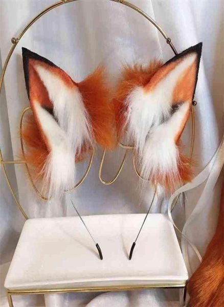 Lolita feita à mão LOL Golden Red Fox Ear Wolves e Cats Fox Ear Hair Hoop Headwear Tail para Girl Mulheres Hairbands de alta qualidade 21032929927