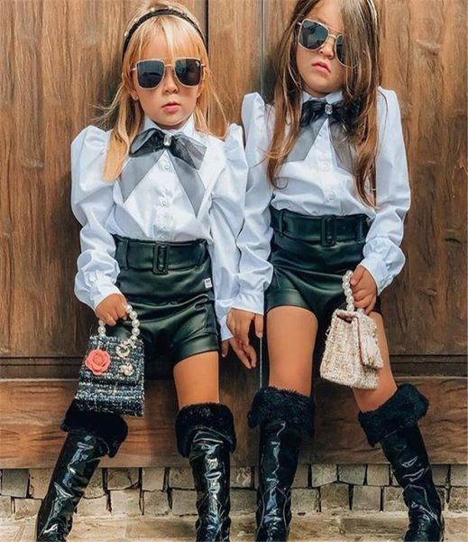 16y moda crianças meninas conjuntos de roupas da criança crianças meninas rendas bowtie blusa camisas topspu couro shorts fatos de treino j4102376