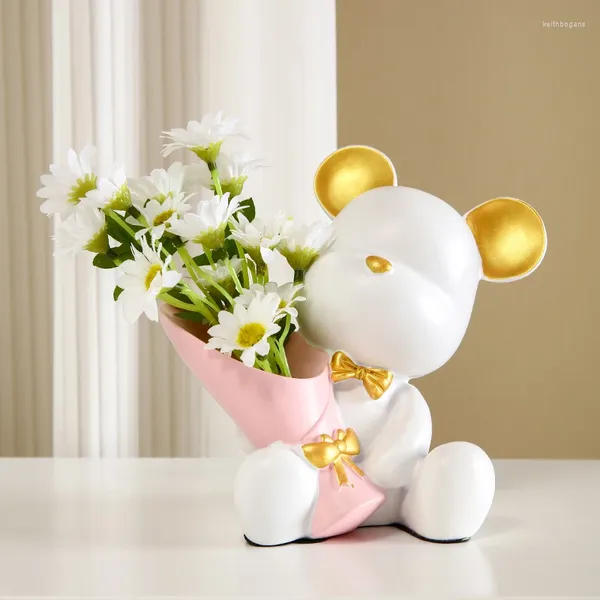 Figurine decorative Kawaii Bouquet Orso violento Vaso Sculture Decorazioni per la casa Accessori Soggiorno creativo Desktop da ufficio