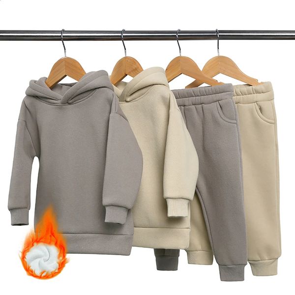 Crianças pequenas velo agasalho roupas sólida quente inverno manga longa conjuntos hoodies moletom bonito terno para crianças menino menina 240118