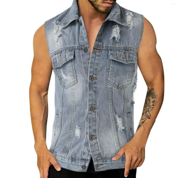 Coletes masculinos homens casacos velho buraco botão lapela denim colete jaqueta de verão bolsos moda outwear masculino vestes venda chaleco hombre