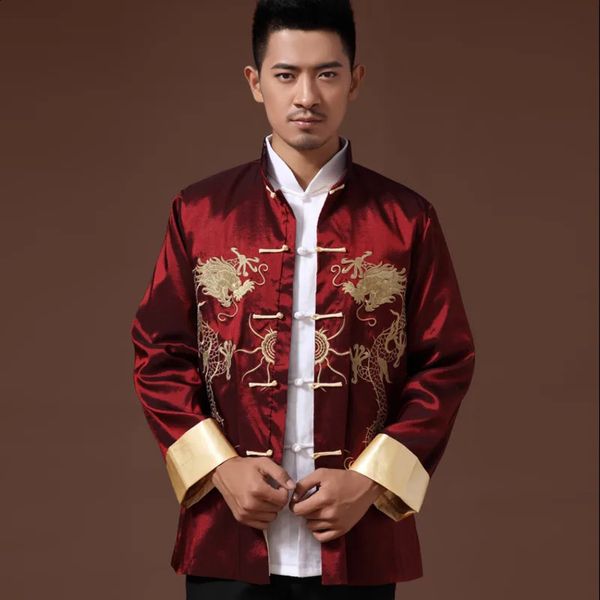 Çin Geleneksel Phoenix Baskılı Giysiler Ejderha Tang Takım Kıyafetleri Erkek İşlemeli Uzun Kollu Festival Düğün Ceket 240130