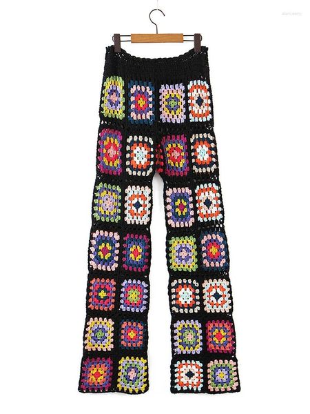 Calças femininas boêmio vintage artesanal crochê retalhos pantalones férias sexy moda coreano praia calças 2024 areia havaí ins