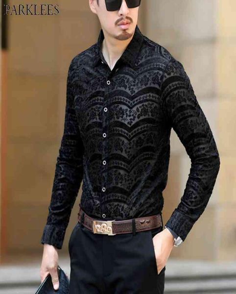 Мужская черная кружевная рубашка с цветочной вышивкой, сексуальная приталенная прозрачная рубашка с длинным рукавом, мужская прозрачная рубашка для клубной вечеринки, выпускного вечера 2105226601466