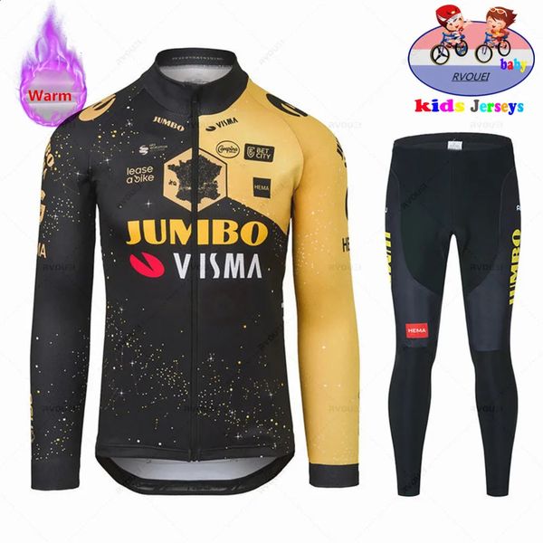 Kids Jumbo Visma 2023 Bisiklet Jersey Set Uzun Kollu Kış Giyim Boy Yol Bisiklet Termal Ceket Takım MTB Bisiklet Pantolon 240131