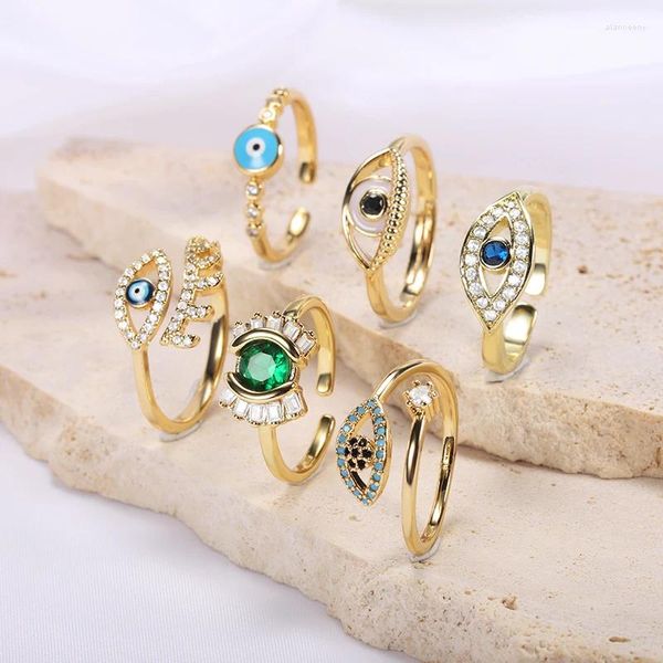 Cluster Ringe Mode Böhmischen Glück Türkische Evil Eye Strass Offen Für Frauen Boho Einstellbare Ring Kupfer Zirkon Party Schmuck