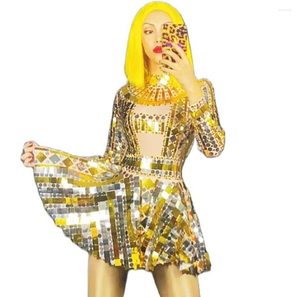 Abbigliamento da palcoscenico Tute sexy da donna Abito oro brillante con paillettes a specchio maniche lunghe discoteca DJ panno ballo di fine anno costume da cantante
