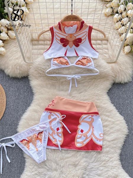 Vestidos de trabalho singiny cosplay sexy ternos 2024 sem mangas mini top curto saia fina tangas bainha impressão biquíni doce erótico três peças