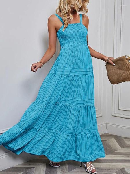 Vestidos casuais vestido listrado mulheres sexy espaguete maxi feminino solto sem mangas em camadas babados longo primavera verão robe femme