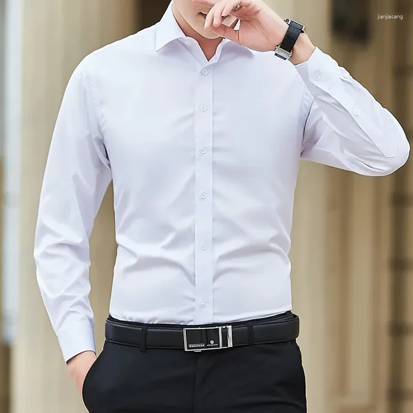 Camisas de vestido masculino fino cor sólida camisa de manga longa negócios casual branco marca masculina tamanho grande estilo clássico topo