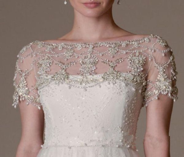 Nuovi cristalli di lusso sexy maniche corte in pizzo da sposa Bolero giacca scialle bianco avorio su misura 2 4 6 8 101305618