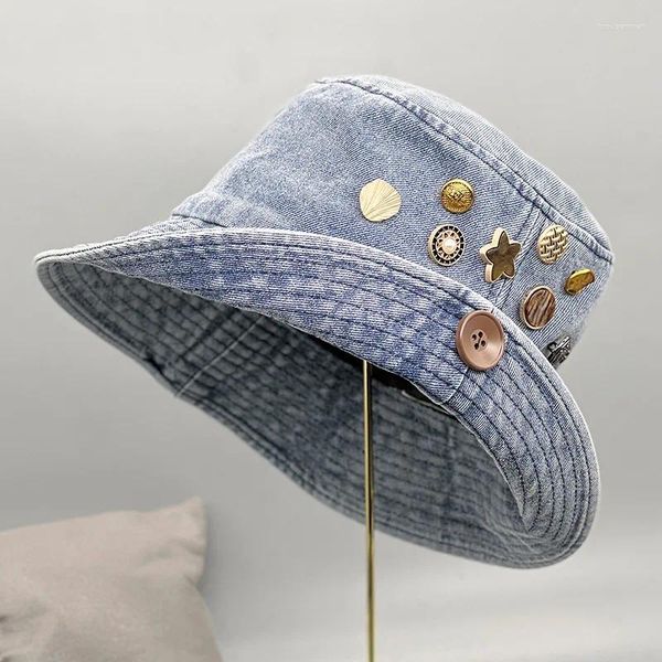 Berets Western Cowboy Chapéu Casual Denim Pescador Moda Sun Protection Bacia Vintage Desfiado Jean Botão Bucket Chapéus