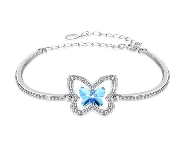 Adorável projetado pulseira de prata esterlina padrão borboleta configuração invisível mosaico céu azul cristal pulseira feminino presente natal6422605