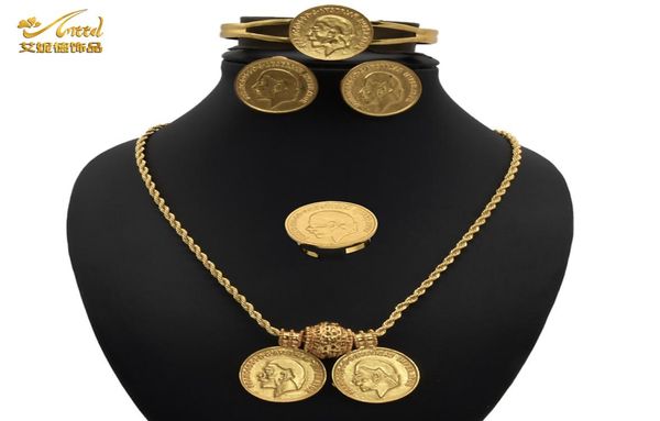 Set di gioielli Set di orecchini da sposa africani Set di gioielli da donna placcati in oro indiano Collana con monete Fedi nuziali Bracciale Designer egiziano8715543