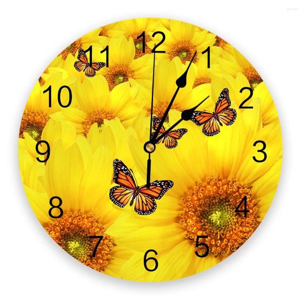 Orologi da parete Girasole giallo Farfalla Fiori Pianta Orologio rotondo decorativo Design personalizzato Senza ticchettio Camere da letto silenziose Grandi