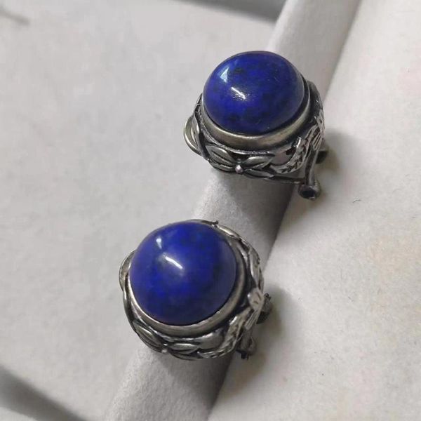 Saplama küpeleri 1 adet/lot doğal lapis lazuli klips s925 sterling gümüş yuvarlak oyuk oyma dallar ve klasik retro ince taki bırakır