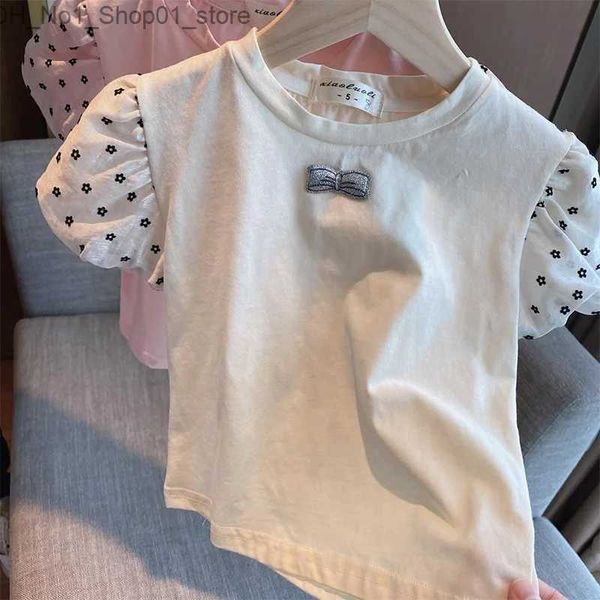 T-shirt Stile principessa Splicing Bow Top Abbigliamento per bambini Moda Girocollo Stampa floreale Bolle Manica corta Estate Pullover bianco T-shirt Q240218