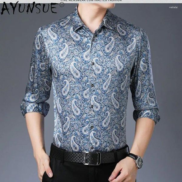 Camisas casuais masculinas Ayunsue camisa de seda de manga comprida amoreira cetim t roupas impressas para homens camisa azul