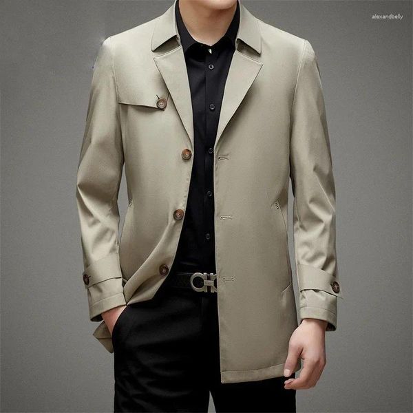 Jaquetas masculinas primavera e outono meados de comprimento blusão negócios lazer meia idade moda bonito cor sólida polo casaco