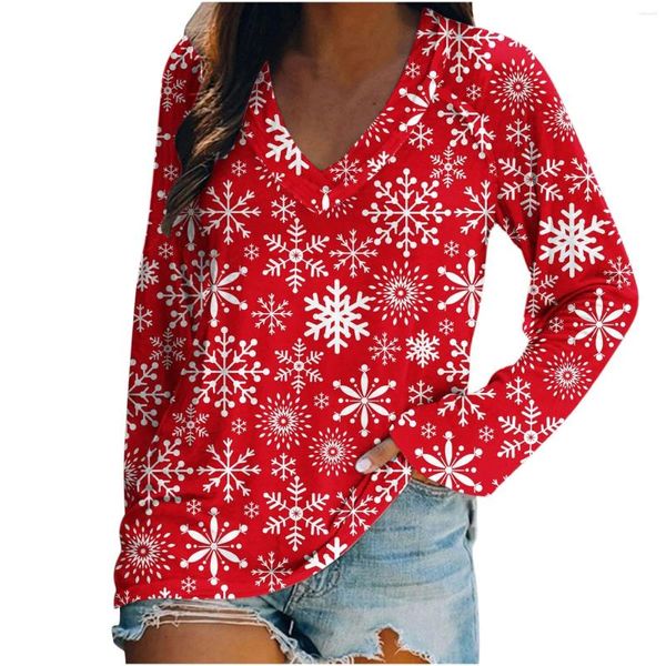 Damen T-Shirts Winter Weihnachten Damen Mädchen Kawaii Tops Weihnachtsmann Print Pullover V-Ausschnitt Frauen Sweatshirt Klassisches T-Shirt Y2k Shirt Weihnachten