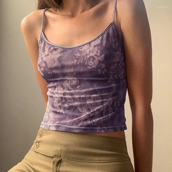 Damen Tanks Vintage 2000er Jahre Blumenmuster Lila Crop Tops Y2K Ästhetik Sommer Spaghetti Träger Rückenfrei Mesh Cami Niedlich Ärmellos